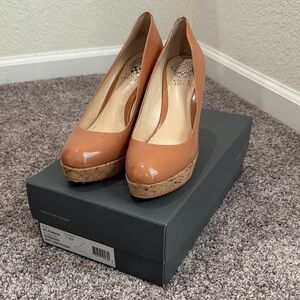 Vince Camuto Patent Cork Platform Pumps in Tan